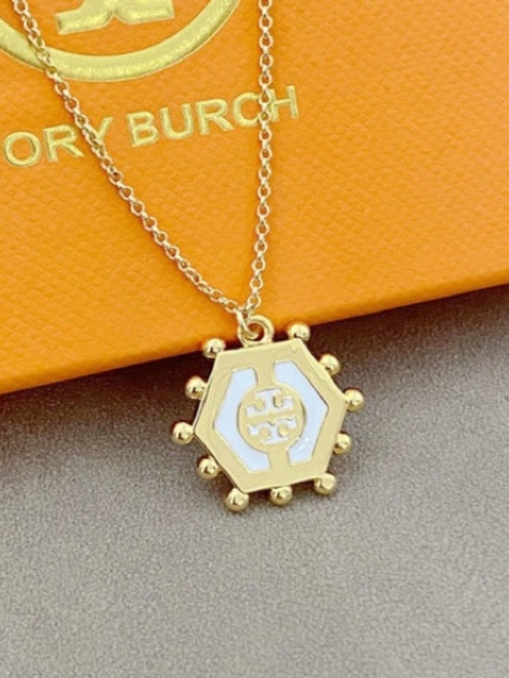 Tory Burch • White Enamel Hexagon Gold Necklace NEW $139
